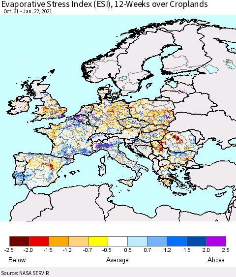 Europe Evaporative Stress Index (ESI), 12-Weeks over Croplands Thematic Map For 1/18/2021 - 1/24/2021