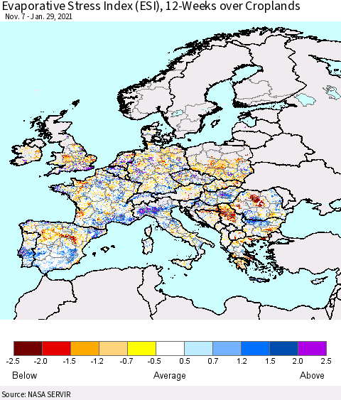 Europe Evaporative Stress Index (ESI), 12-Weeks over Croplands Thematic Map For 1/25/2021 - 1/31/2021