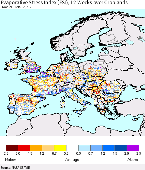 Europe Evaporative Stress Index (ESI), 12-Weeks over Croplands Thematic Map For 2/8/2021 - 2/14/2021