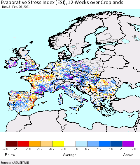 Europe Evaporative Stress Index (ESI), 12-Weeks over Croplands Thematic Map For 2/22/2021 - 2/28/2021