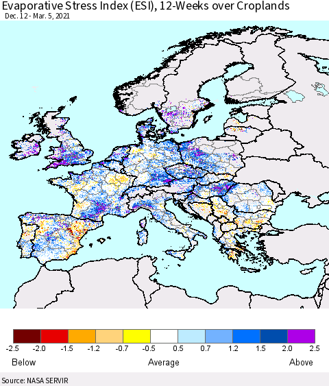 Europe Evaporative Stress Index (ESI), 12-Weeks over Croplands Thematic Map For 3/1/2021 - 3/7/2021