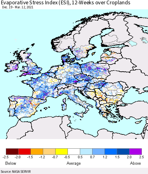 Europe Evaporative Stress Index (ESI), 12-Weeks over Croplands Thematic Map For 3/8/2021 - 3/14/2021