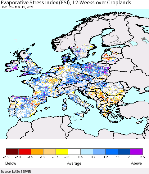 Europe Evaporative Stress Index (ESI), 12-Weeks over Croplands Thematic Map For 3/15/2021 - 3/21/2021