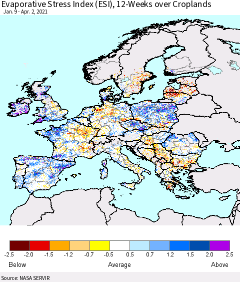 Europe Evaporative Stress Index (ESI), 12-Weeks over Croplands Thematic Map For 3/29/2021 - 4/4/2021