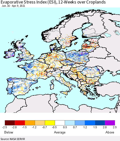 Europe Evaporative Stress Index (ESI), 12-Weeks over Croplands Thematic Map For 4/5/2021 - 4/11/2021