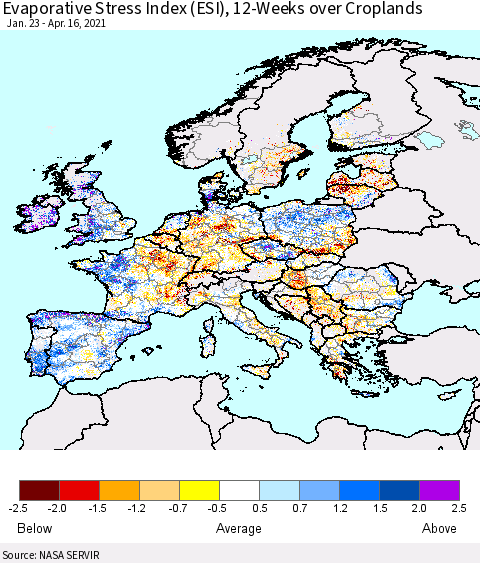 Europe Evaporative Stress Index (ESI), 12-Weeks over Croplands Thematic Map For 4/12/2021 - 4/18/2021