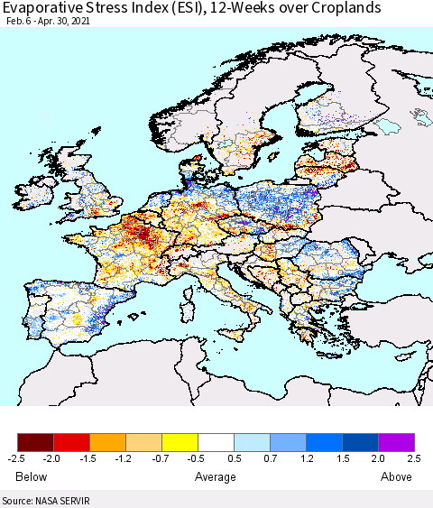 Europe Evaporative Stress Index (ESI), 12-Weeks over Croplands Thematic Map For 4/26/2021 - 5/2/2021
