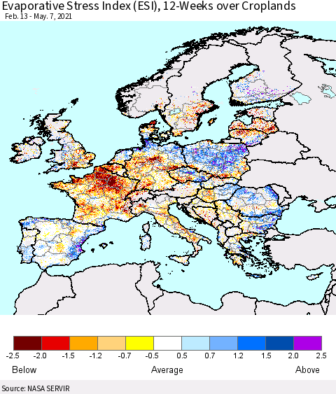 Europe Evaporative Stress Index (ESI), 12-Weeks over Croplands Thematic Map For 5/3/2021 - 5/9/2021