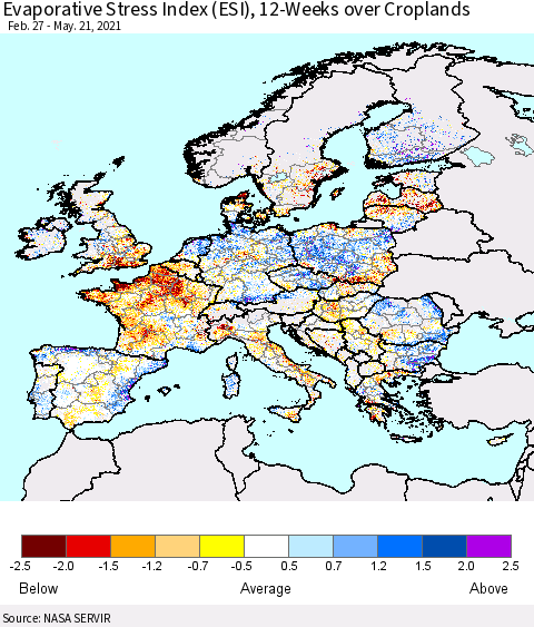 Europe Evaporative Stress Index (ESI), 12-Weeks over Croplands Thematic Map For 5/17/2021 - 5/23/2021
