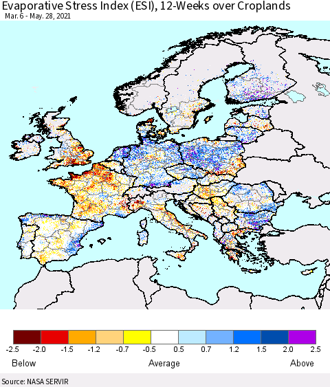 Europe Evaporative Stress Index (ESI), 12-Weeks over Croplands Thematic Map For 5/24/2021 - 5/30/2021