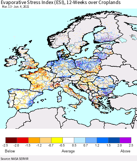 Europe Evaporative Stress Index (ESI), 12-Weeks over Croplands Thematic Map For 5/31/2021 - 6/6/2021