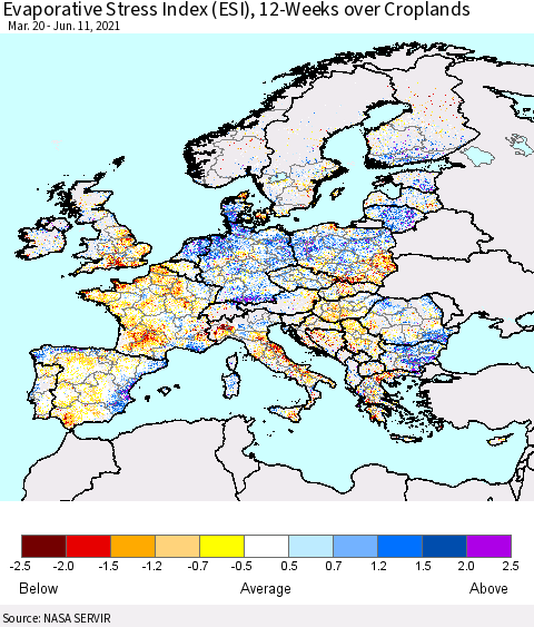 Europe Evaporative Stress Index (ESI), 12-Weeks over Croplands Thematic Map For 6/7/2021 - 6/13/2021