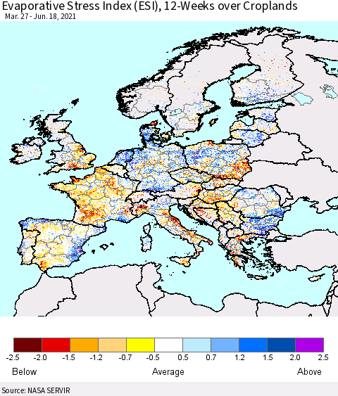 Europe Evaporative Stress Index (ESI), 12-Weeks over Croplands Thematic Map For 6/14/2021 - 6/20/2021