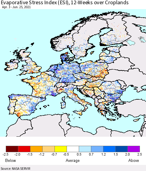 Europe Evaporative Stress Index (ESI), 12-Weeks over Croplands Thematic Map For 6/21/2021 - 6/27/2021