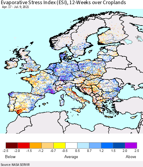 Europe Evaporative Stress Index (ESI), 12-Weeks over Croplands Thematic Map For 7/5/2021 - 7/11/2021