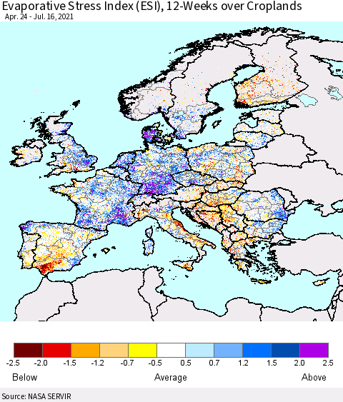 Europe Evaporative Stress Index (ESI), 12-Weeks over Croplands Thematic Map For 7/12/2021 - 7/18/2021