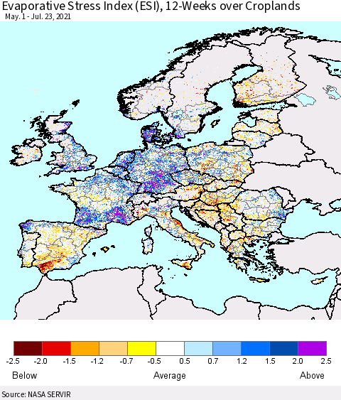 Europe Evaporative Stress Index (ESI), 12-Weeks over Croplands Thematic Map For 7/19/2021 - 7/25/2021