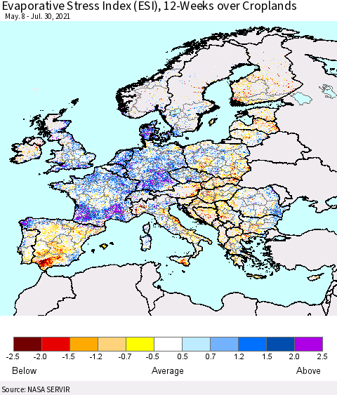 Europe Evaporative Stress Index (ESI), 12-Weeks over Croplands Thematic Map For 7/26/2021 - 8/1/2021