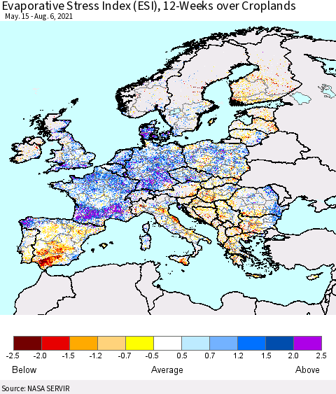 Europe Evaporative Stress Index (ESI), 12-Weeks over Croplands Thematic Map For 8/2/2021 - 8/8/2021