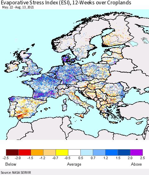 Europe Evaporative Stress Index (ESI), 12-Weeks over Croplands Thematic Map For 8/9/2021 - 8/15/2021