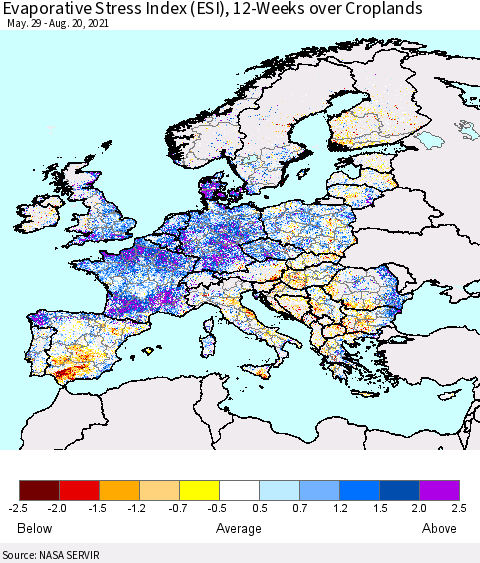 Europe Evaporative Stress Index (ESI), 12-Weeks over Croplands Thematic Map For 8/16/2021 - 8/22/2021