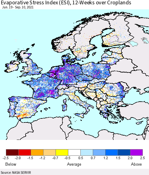 Europe Evaporative Stress Index (ESI), 12-Weeks over Croplands Thematic Map For 9/6/2021 - 9/12/2021