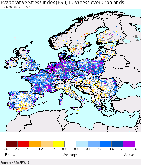 Europe Evaporative Stress Index (ESI), 12-Weeks over Croplands Thematic Map For 9/13/2021 - 9/19/2021