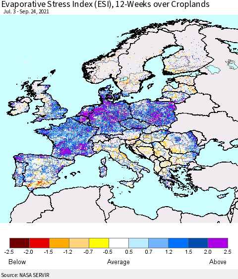 Europe Evaporative Stress Index (ESI), 12-Weeks over Croplands Thematic Map For 9/20/2021 - 9/26/2021