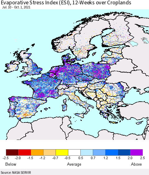 Europe Evaporative Stress Index (ESI), 12-Weeks over Croplands Thematic Map For 9/27/2021 - 10/3/2021