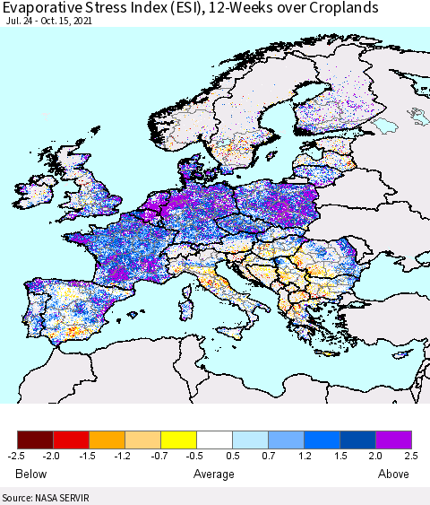Europe Evaporative Stress Index (ESI), 12-Weeks over Croplands Thematic Map For 10/11/2021 - 10/17/2021