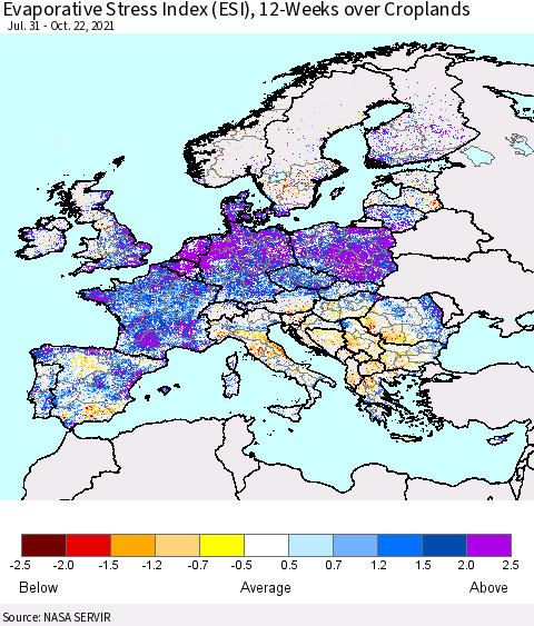 Europe Evaporative Stress Index (ESI), 12-Weeks over Croplands Thematic Map For 10/18/2021 - 10/24/2021