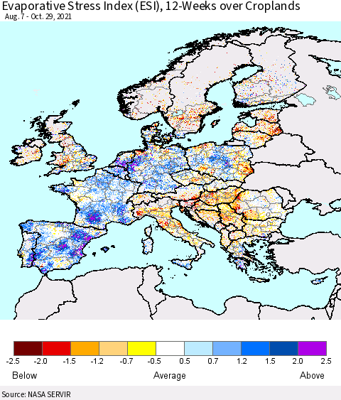Europe Evaporative Stress Index (ESI), 12-Weeks over Croplands Thematic Map For 10/25/2021 - 10/31/2021