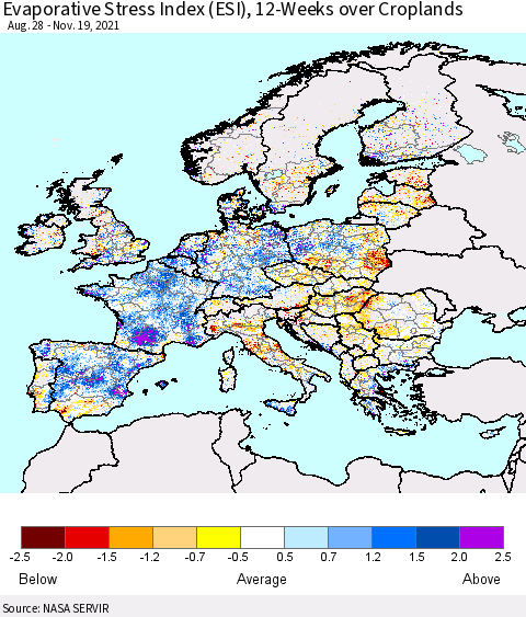 Europe Evaporative Stress Index (ESI), 12-Weeks over Croplands Thematic Map For 11/15/2021 - 11/21/2021