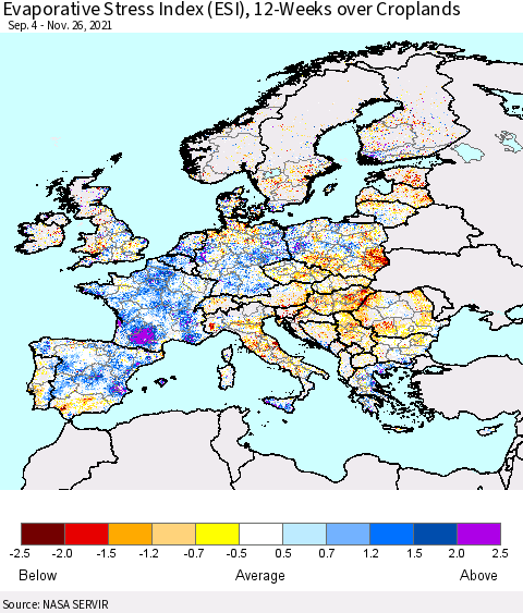 Europe Evaporative Stress Index (ESI), 12-Weeks over Croplands Thematic Map For 11/22/2021 - 11/28/2021