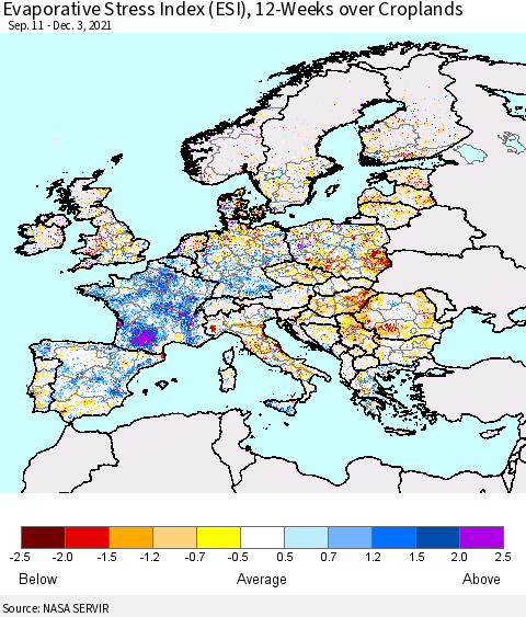 Europe Evaporative Stress Index (ESI), 12-Weeks over Croplands Thematic Map For 11/29/2021 - 12/5/2021