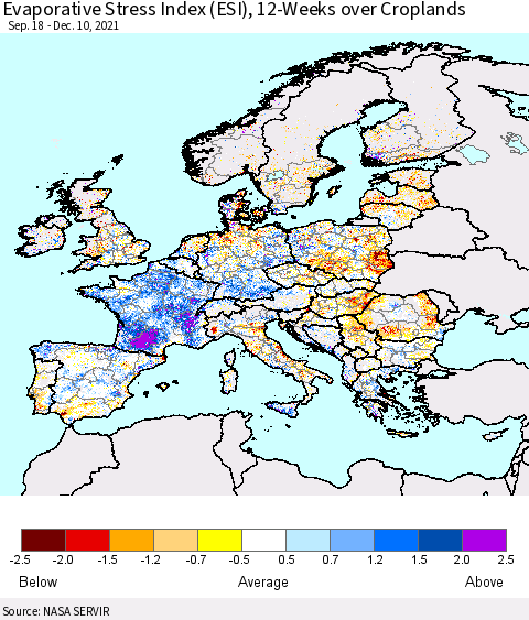 Europe Evaporative Stress Index (ESI), 12-Weeks over Croplands Thematic Map For 12/6/2021 - 12/12/2021