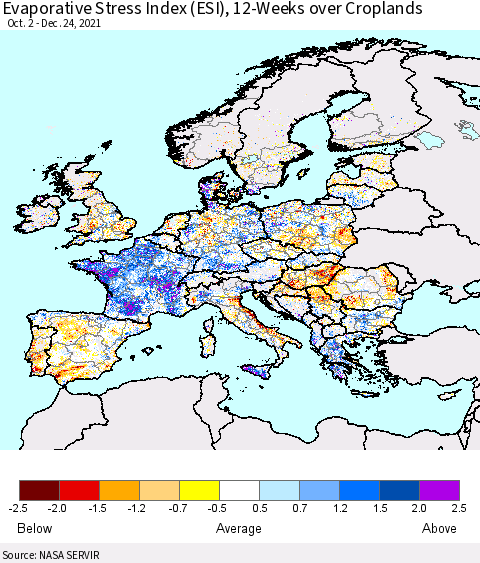 Europe Evaporative Stress Index (ESI), 12-Weeks over Croplands Thematic Map For 12/20/2021 - 12/26/2021