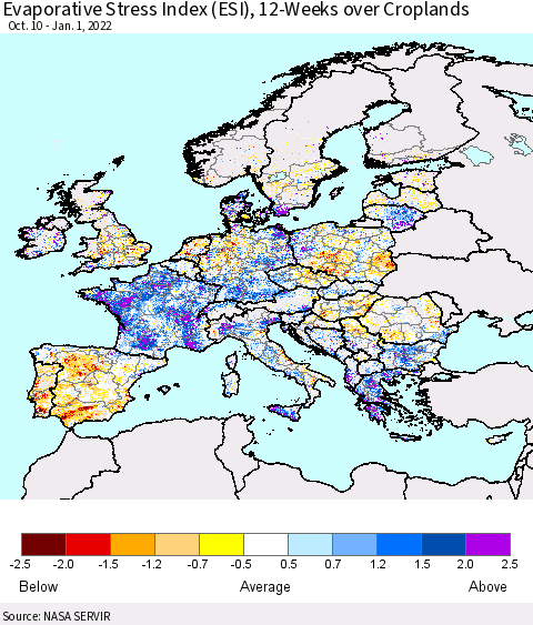 Europe Evaporative Stress Index (ESI), 12-Weeks over Croplands Thematic Map For 12/27/2021 - 1/2/2022