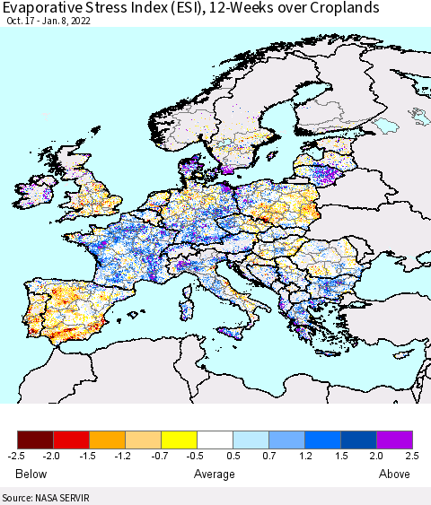 Europe Evaporative Stress Index (ESI), 12-Weeks over Croplands Thematic Map For 1/3/2022 - 1/9/2022