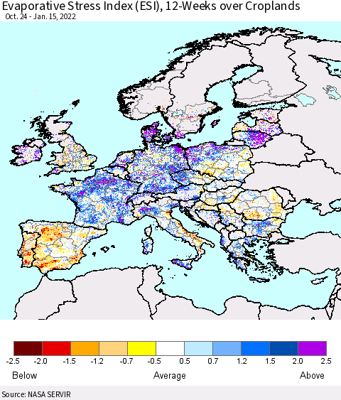 Europe Evaporative Stress Index (ESI), 12-Weeks over Croplands Thematic Map For 1/10/2022 - 1/16/2022