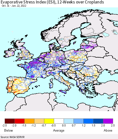 Europe Evaporative Stress Index (ESI), 12-Weeks over Croplands Thematic Map For 1/17/2022 - 1/23/2022