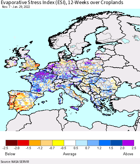 Europe Evaporative Stress Index (ESI), 12-Weeks over Croplands Thematic Map For 1/24/2022 - 1/30/2022