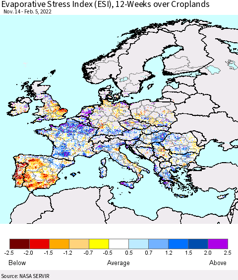 Europe Evaporative Stress Index (ESI), 12-Weeks over Croplands Thematic Map For 1/31/2022 - 2/6/2022