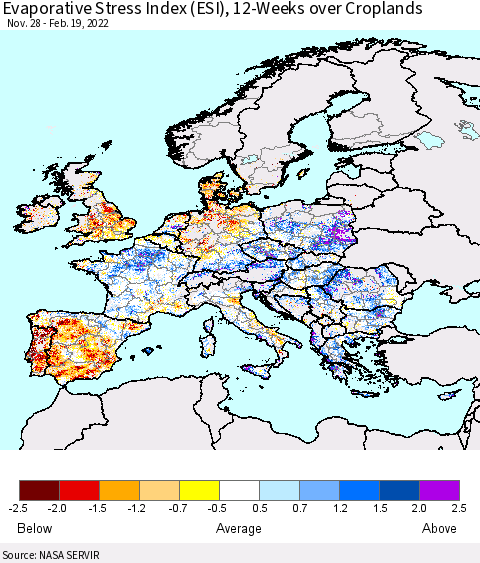 Europe Evaporative Stress Index (ESI), 12-Weeks over Croplands Thematic Map For 2/14/2022 - 2/20/2022