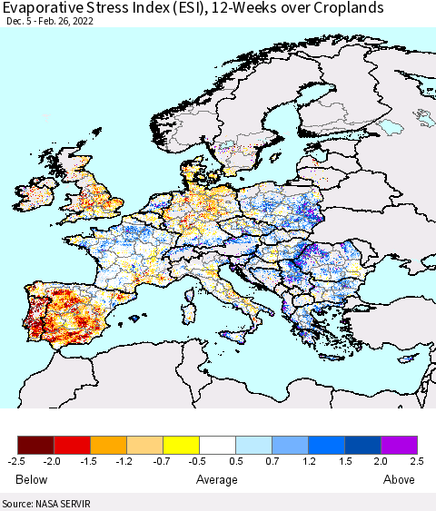 Europe Evaporative Stress Index (ESI), 12-Weeks over Croplands Thematic Map For 2/21/2022 - 2/27/2022