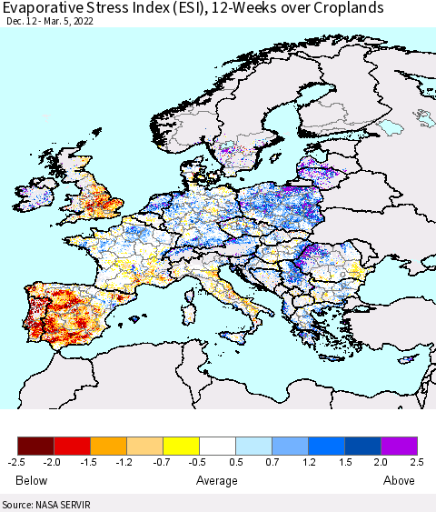 Europe Evaporative Stress Index (ESI), 12-Weeks over Croplands Thematic Map For 2/28/2022 - 3/6/2022