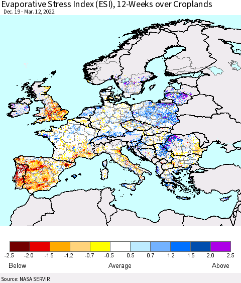 Europe Evaporative Stress Index (ESI), 12-Weeks over Croplands Thematic Map For 3/7/2022 - 3/13/2022