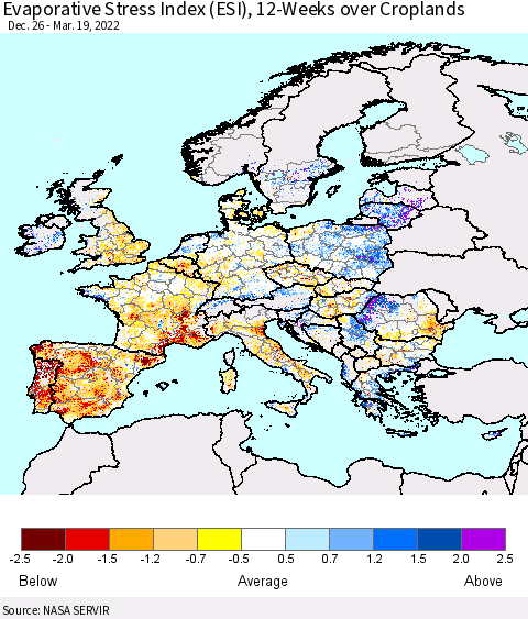 Europe Evaporative Stress Index (ESI), 12-Weeks over Croplands Thematic Map For 3/14/2022 - 3/20/2022