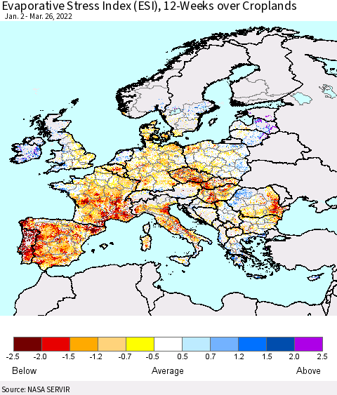 Europe Evaporative Stress Index (ESI), 12-Weeks over Croplands Thematic Map For 3/21/2022 - 3/27/2022