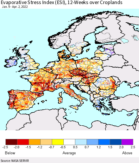 Europe Evaporative Stress Index (ESI), 12-Weeks over Croplands Thematic Map For 3/28/2022 - 4/3/2022